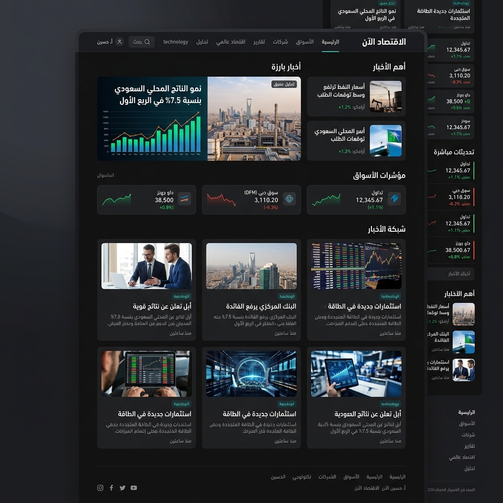 The economy surface in dark mode showing market index tiles, live updates, and data-led reporting.