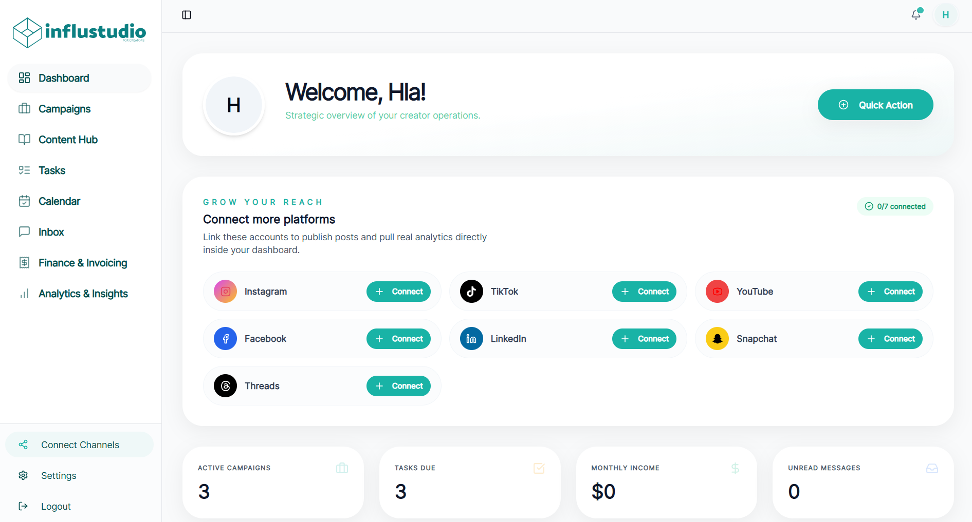The InfluStudio creator dashboard: a welcome panel, a card for connecting seven social platforms, and tiles for active campaigns, tasks due, monthly income, and unread messages.