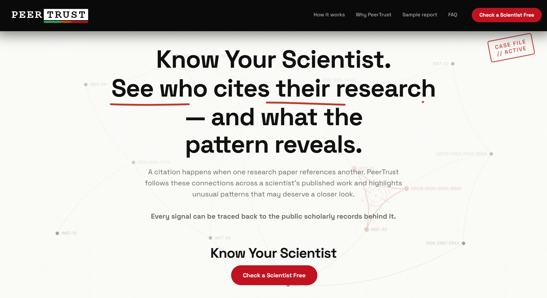 The PeerTrust homepage: “Know Your Scientist. See who cites their research — and what the pattern reveals”, set over a faint citation network of ORCID, ISSN, and institution nodes, with a Check a Scientist Free action.